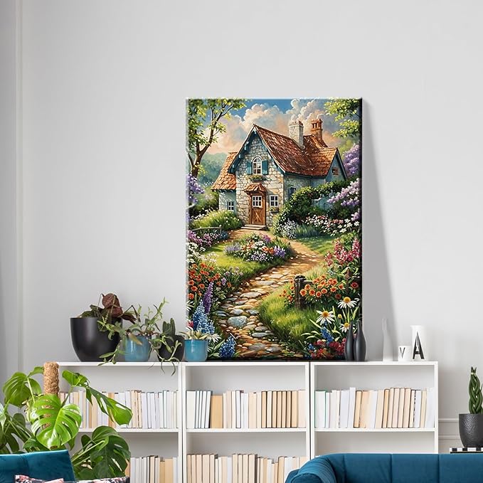 ATDMS Paint by Numbers Kits for Adult with Frame DIY House Flowers Paint by Number with Easel Acrylic Landscape Oil Painting by Number for Wall Hanging Home Room Decor 7.87x11.81 Inch