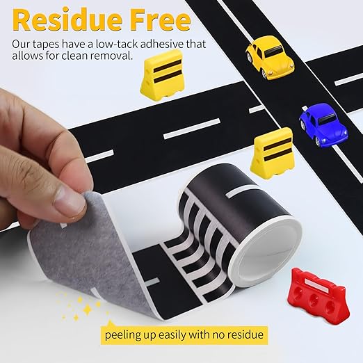 6 Rolls Roadway Tape, Race Cars Decorations for Kids Birthday Party, Race Track Tape Easy to Stick and Tear Without Leaving Any Traces, 92 FT Long 4 Types of Road Tape