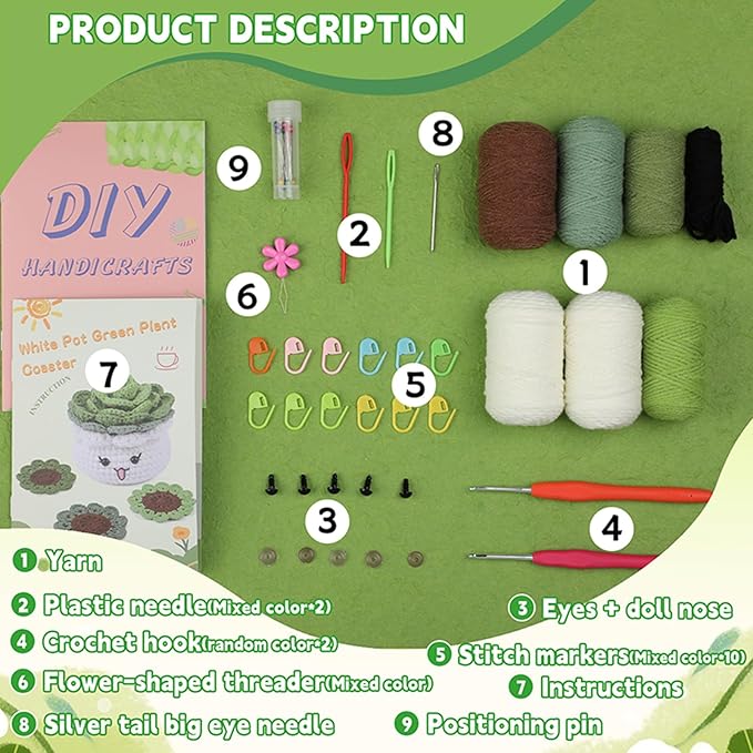SAMLMAP Crochet Kit for Beginner Learn to Animal Amigurumi Crochet Kit Adult Kit with Step-by-Step Instructions and Video Tutorials Cow Mushroom Potted Plant Coasters