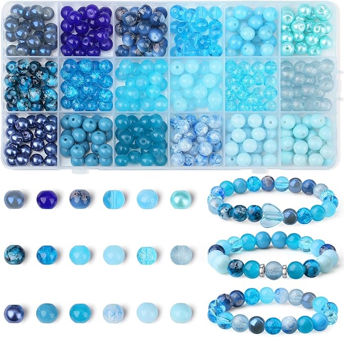 DUQGUHO 8mm Blue Beads for Jewelry Making Blue Glass Beads for Crafts Round Bead Bracelet Kit 360PCS