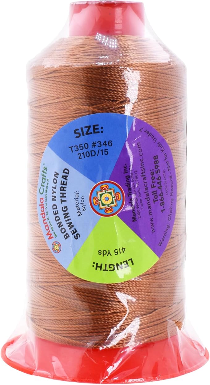 Mandala Crafts Size 346 210D T350 Bonded Nylon Thread - Bourbon Brown 415 YDs Tex 350 Heavy Duty Sewing Threads for Leather, Jeans, Weaving, Outdoor Marine Upholstery