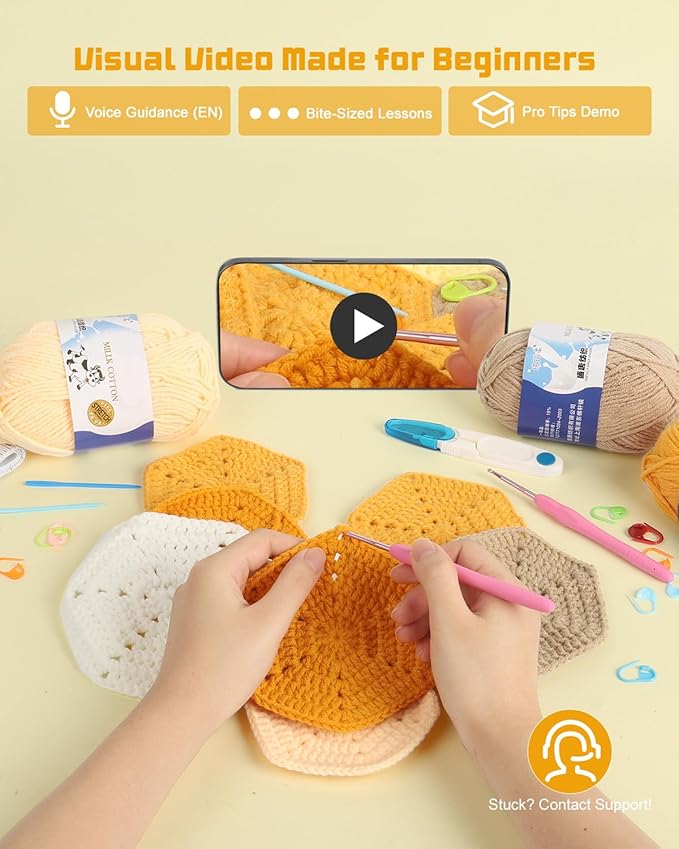 Arborthread Crochet Blanket Kit for Beginners, Honeycomb Beginner Knitting Kit w/Step-by-Step Video & Instructions for Adults & Kids
