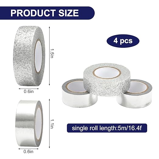 Whaline 4 Rolls Silver Metallic Glitter Washi Tape Decorative Adhesive Masking Tape for DIY Crafts Scrapbook Journal Planner Gift Wrapping Supplies, 65.6 Ft