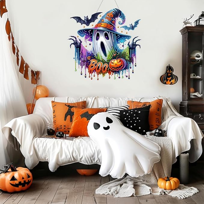 Diamond Art Hanging Kits for Adult, Ghost Crafts Decor 5D DIY Acrylic Diamond Art Painting Ornaments, Window Pendants Wall Hanging Kits for Home Garden