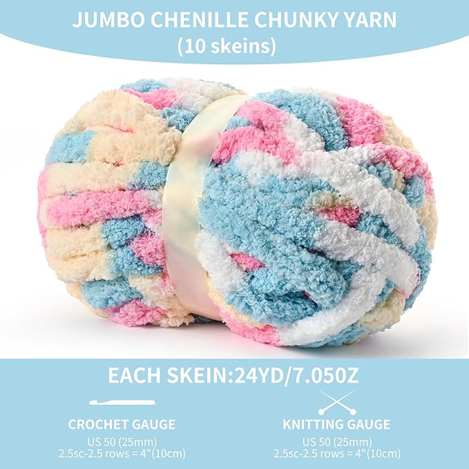 10 Pack Jumbo Chunky Yarn for Hand Knitting, Fluffy Variegated Chunky Chenille Yarn for Crocheting, 240yds/70.5oz Super Bulky Soft Crochet Baby Blanket Yarn(Candy)