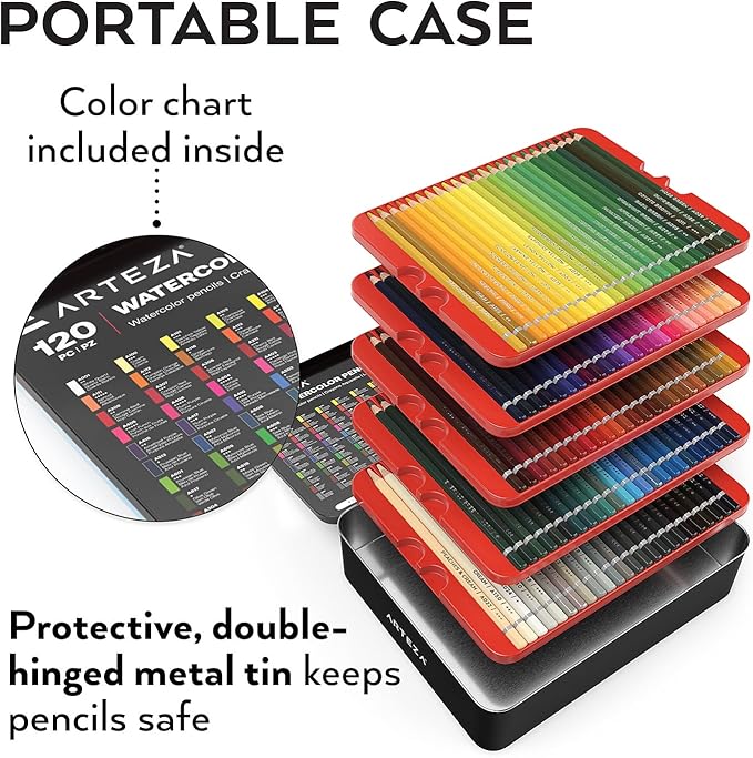ARTEZA Watercolor Pencils, Set of 120, Water-Soluble Colored Pencils with 4 mm Break-Resistant Core, Pre-Sharpened Tips, and Metal Storage Tin for Blending, Layering, and Wet or Dry Techniques