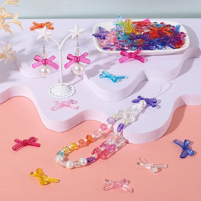 FASHEWELRY 50pcs Mini Clear Acrylic Bowknot Beads Transparent Colorful Bowknot Spacer Charm Pendants for Bracelet Necklace Earring Jewelry Making