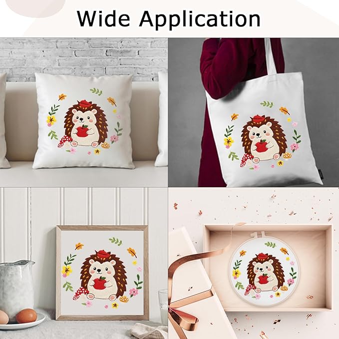 Louise Maelys Embroidery Kit for Beginners with Hedgehog Pattern - DIY Cross Stitch Kit with Pre-Printed Fabric, Hoop, Threads & Needles - Adorable Animal Embroidery Kits