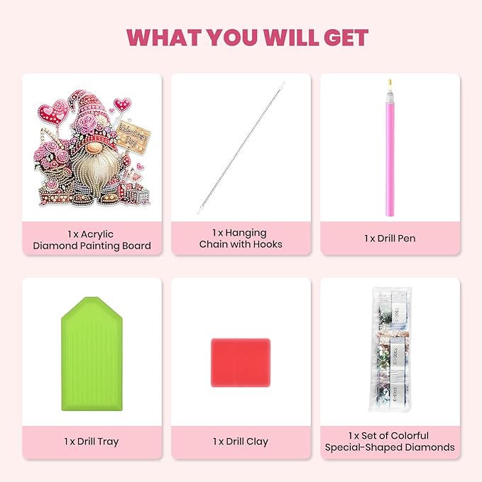 MXJSUA Diamond Art Hanging Kits for Adults Beginners, Valentine's Day Gnomes DIY Acrylic Special Shaped Crystal Diamond Gem Art Pendant Drills Painting Ornament for Home Wall Decor and Gift