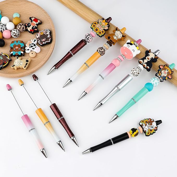 12 Set Highland Cow Theme Plastic Beadable Pens DIY Set, Assorted Bead Pens Crystal Round Spacer Pendant Set Black Ink DIY Ballpoint for Teachers, Women Men Gift Office Supplies