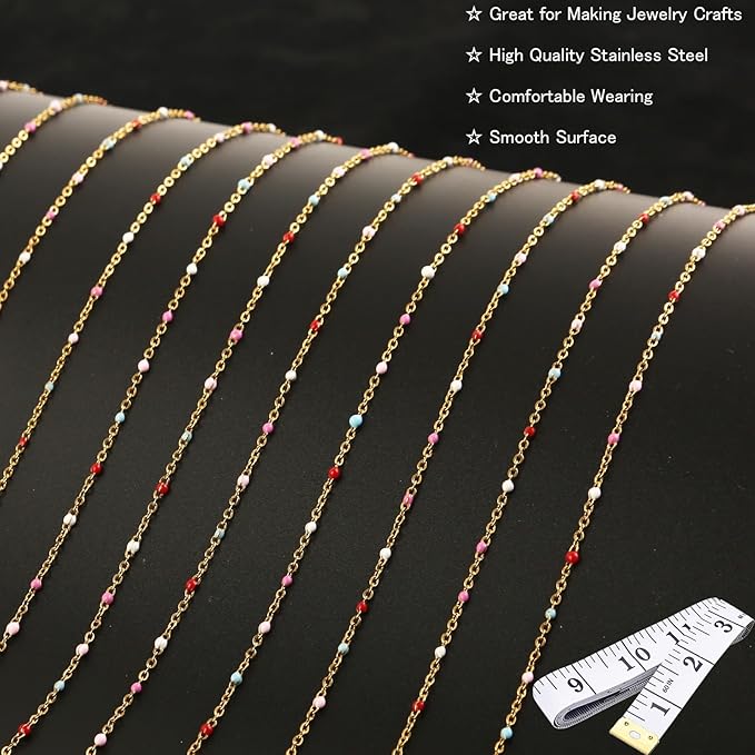 Gold Plated Stainless Steel Enamel Cable Chain for Jewelry Making, Oil Drip Rainbow Beaded Links Chains for DIY Necklace Bracelet Craft Jewelry Making Supplies with Lobster Clasps Soft Tape Measure