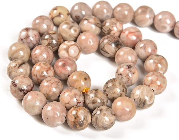 90pcs 4mm Natural Flowery Cowry Fossil Gemstone Round Spacer Loose Stone Beads for Jewelry Making 15.5" 1 Strand (Flowery Cowry Fossil, 4mm 90Beads)