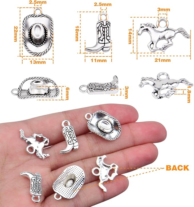 60pcs Silver Western Cowboy Charms Pendants Alloy Horse Cowboy Boot Hat Dangle Charms for DIY Earrings Bracelet Necklace Jewelry Making
