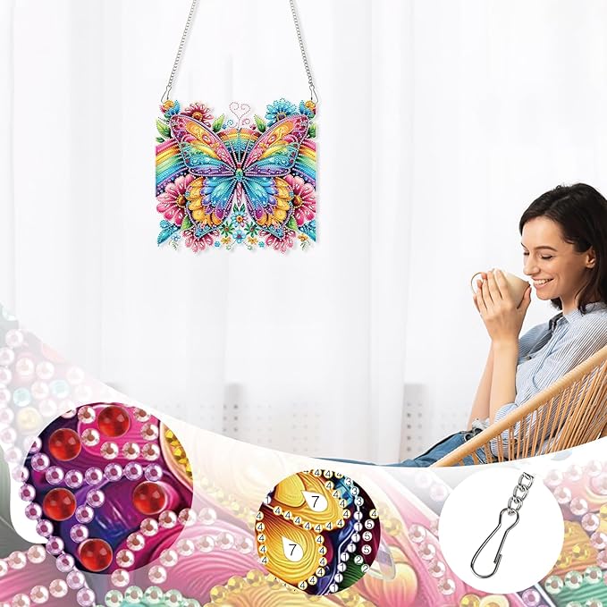 AiYuanzsh Diamond Art Suncatcher Hanging Kit Rainbow Butterfly with Flowers, Colorful Special Shaped Diamond Painting Ornament for Adults, DIY 5D Crystal Diamond Art Pendant Decoration