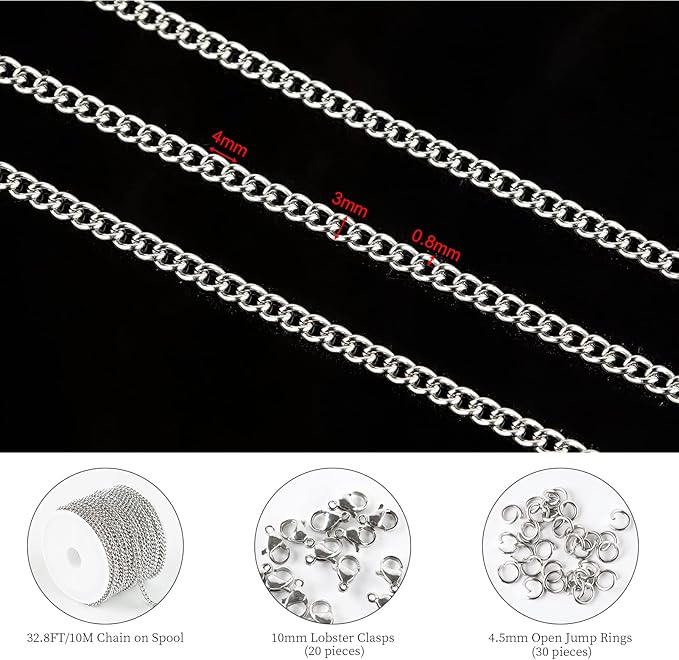 KYUNHOO 10m Silver Stainless Steel Jewelry Making Chains 3mm Wide Curb Necklace Chain for Men and Women Twist Cable Link Chain Spool with Jump Rings and Lobster Claps Jewelry Supplies