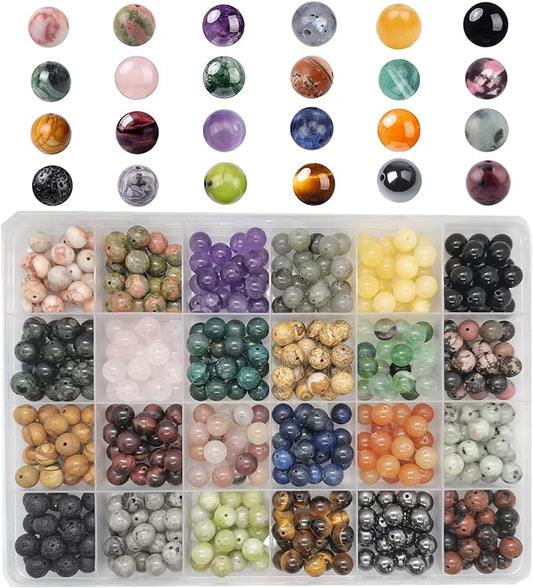 480pcs Natural Round Stone Beads Genuine Real Stones Beading Loose Gemstone DIY for Bracelet Necklace Earrings Jewelry Making (8mm-24 Color S2, 8mm)