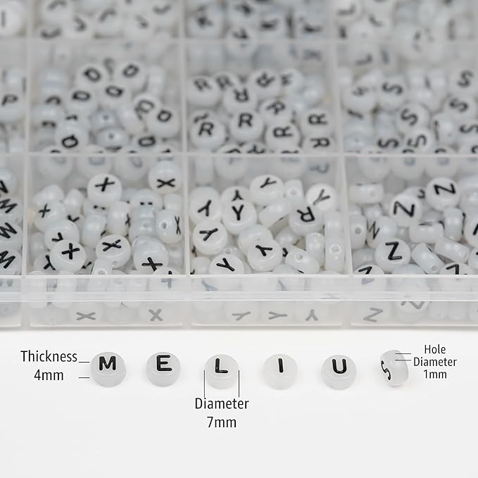 Melius 1450Pcs Acrylic Glow Letter Beads, Alphabetical Glowing in The Dark Beads in 28 Grid Box for Jewelry Making, DIY Bracelets, Necklaces, Key Chains (Glowing, 4x7mm)
