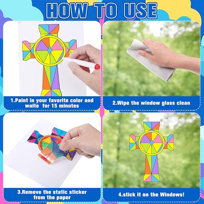 Frienda 36 Pcs Easter Cross Window Suncatchers Crafts Kit Christian DIY Window Clings Stickers Religious Arts Crafts with 10 Markers for Home Activities Decor
