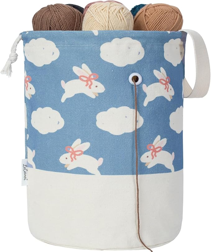 Yarn Bag, Small Crochet Bag Organizer, Drawstring Yarn Storage Knitting Bags, Portable Mini Yarn Holder for Crocheting Project, Store Skein Ball, Needles Accessories (Blue Rabbits, Large)