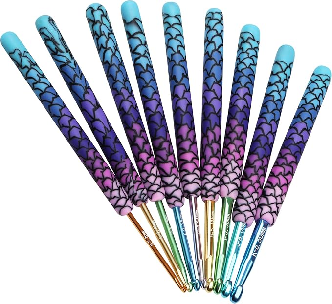 Coopay Warm Crochet Hooks, 9 Sizes 2.25 to 6.5mm Ergonomic Mermaid Extra Long Crochet Needles for Arthritic Crocheting Yarn Craft Set, Ideal Gift