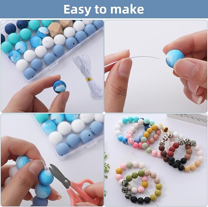 96Pcs Silicone Beads for Bracelets with 4Pcs Wooden Bead and Elastic 2 Strings, 15mm Silicone Beads Bulk Wave Bracelet Making Kit Focal Bead for Pens Keychain Making Kit