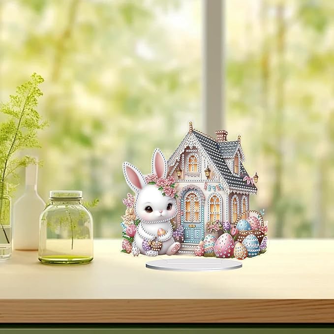 DIY Dot Diamond Art Painting Desktop Easter Creative Ornaments by Number Embroidery Arts and Crafts Easter for Home Office Garden Decoration (Single Side Dot Diamond)-Easter Bunny-1
