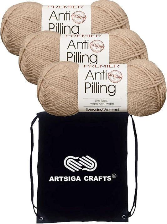 Premier Yarns Everyday Anti-Pilling Solid Cappuccino DN100-35 (3-Skeins - Same Dye Lot) #4 Worsted Weight Acrylic Yarn for Crocheting and Knitting with Project Bag