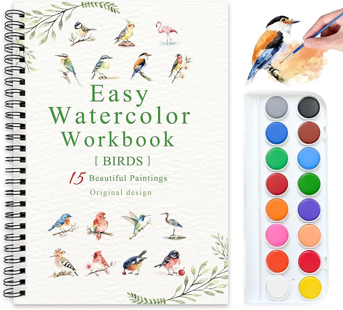 Watercolor Workbooks, 16 Colors Water Color Books Paint Set for Adults, Watercolor Coloring Book for Beginners, Water Color Workbook, 15 Beautiful Paintings for Beginners (Birds)