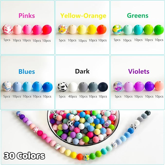 300Pcs Silicone Beads 15mm, 30 Colors 15mm Silicone Print Bead for Keychain Making, Round Rubber Beads Bulk for Pens and Bracelet Making