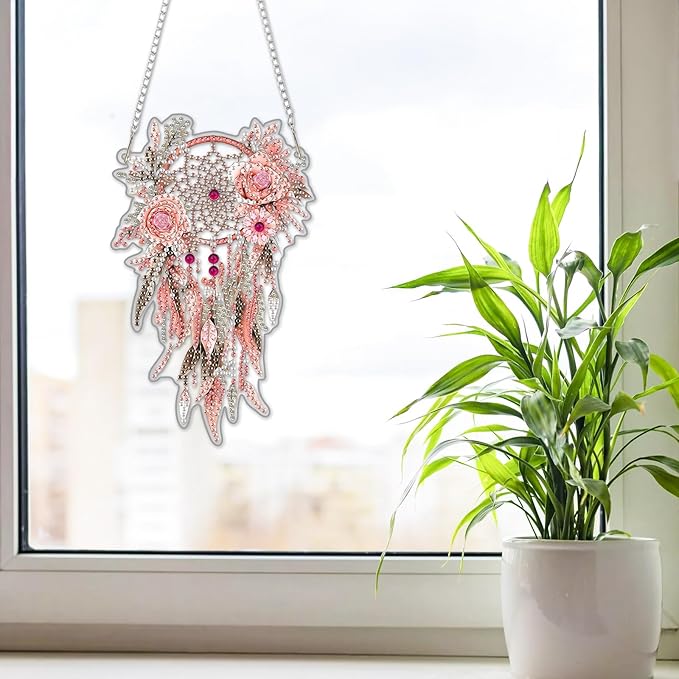 NAIMOER DIY Hanging Diamond Art Kits for Adults, Pink Dream Catcher Diamond Painting Kits, Special Shaped Rhinestone, Acrylic 5D Gem Art Craft Window Pendants Home Garden Wall Hanging Ornament Kits