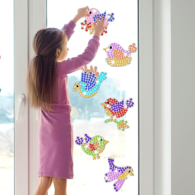 Qyeahkj 6 Pcs Spring Bird Arts Crafts DIY Summer Gem Diamond Suncatcher Crafts for Kids Spring Diamond Painting Gifts Exchange for Kids Aged 4 6 8 10 12 for Home School Party Decor
