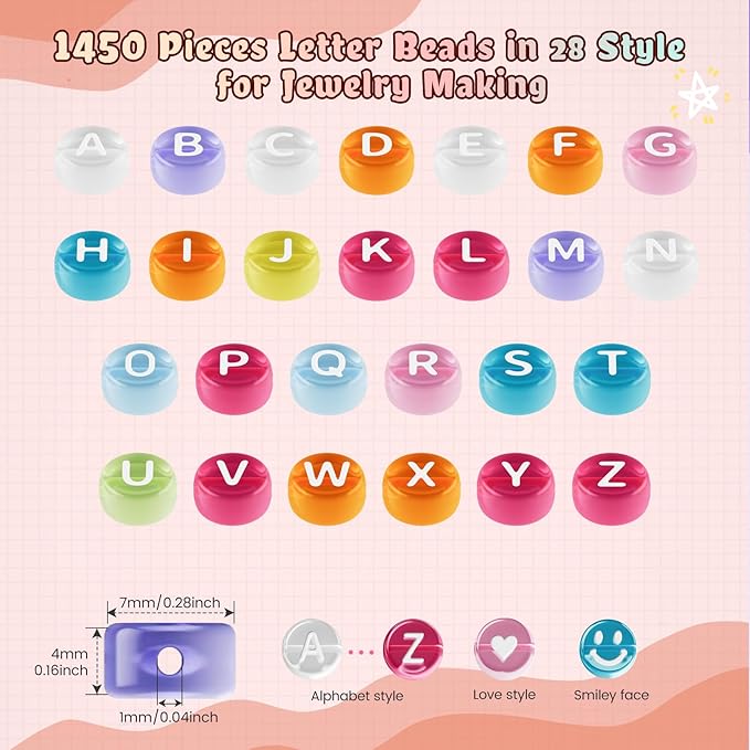1450 Pieces Letter Beads, 28 Styles Acrylic 4x7mm Round Letter Beads Kits, A-Z Alphabet Heart Pattern Bead for Bracelets Necklaces DIY Jewelry Making