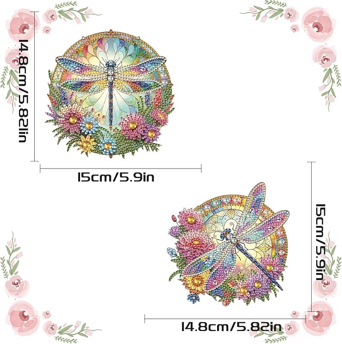 2 Pack 5D DIY Diamond Painting Pendants – Dragonfly & Flower Hanging Ornaments, Irregular Diamonds, Acrylic Wall & Window Decor, Handmade Gift Craft Kits