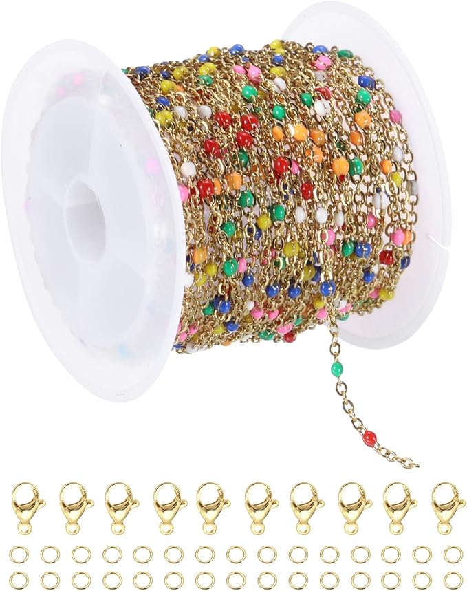 MECCANIXITY Stainless Steel Bead Chain, 16.4 Feet/5M Enamel Beaded Jewelry Link Cable Chains Spool Kit for Jewelry Making, Necklace, Bracelets, DIY Crafts (Gold/Colorful, Pack of 1)