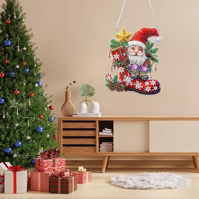 RICUVED Christmas Hanging Diamond Art Kit for Adults, Gnome Special Shaped Crystal Gem Craft Boots Diamond Painting Pendant Kit for Beginners, DIY Hanging Acrylic Art Ornament for Home Garden Decor