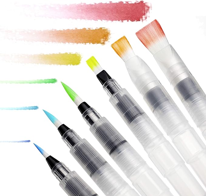 Chromatek AquaPens. Set of 6 Refillable Aqua Watercolor Brushes with Nylon Tips. Easy Water Brush Pens for Painting. Blending & Calligraphy. Includes Online Video Tutorials & Templates