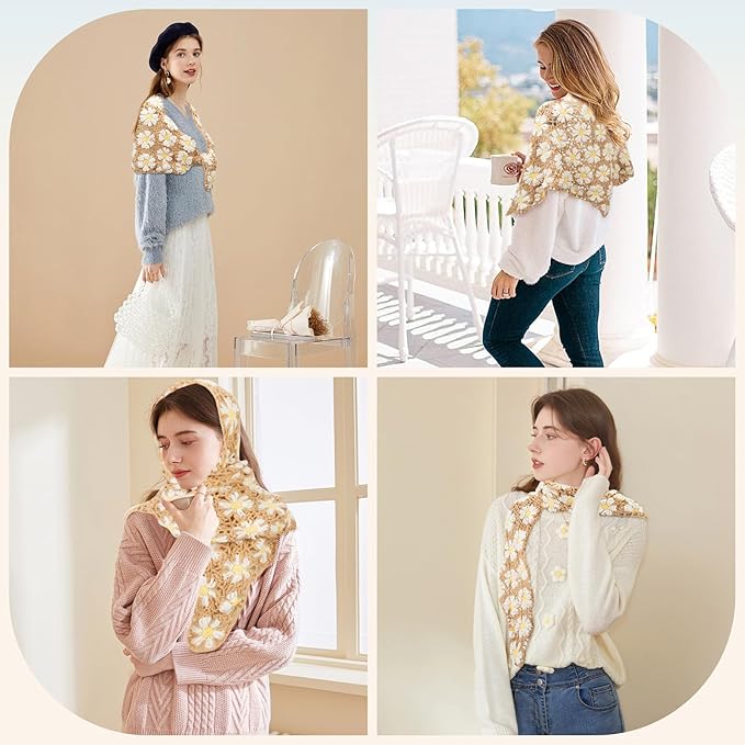 Noocro Crochet Kit for Intermediate or Advanced Levels, Complete Craft Kit for a Floral Daisy Shawl with Step by Step Video Tutorials Detailed Instructions, Perfect Holiday Gift or DIY Project (Khaki)