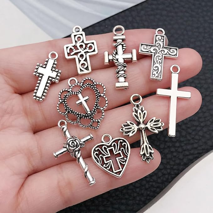 WOCRAFT 60pcs Antique Silver Cross Bracelet Charms for Jewelry Making Sets DIY Necklace Bracelet Keychain Crafting Charms Kit Craft Supplies (SN905)