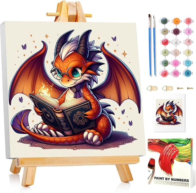 Paint by Numbers Kit for Kids with Frame, Dragon Paint by Numbers for Kids Ages 4-8-12, DIY Dragon Acrylic Oil Painting for Home Wall Art Decor Gift 7.8x7.8 inch (with Frame Easel)