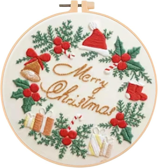 Huacan Embroidery Kits for Adults Beginner DIY Cross Stitch Stamped Christmas Pattern Stitching Wreath Sewing Kit 1 Piece 7.8 x 7.8 Inch