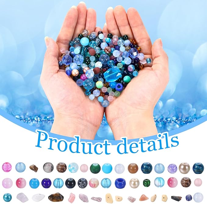 Sureio 1300 Pcs Assorted Glass Beads for Jewelry Making, About 0. 9 Pounds Multicolor Crystal Stone Beads Bulk, 5-13mm DIY Lamp Work Arts and Crafts Decorative Hobby Artistry Making Supply(Ocean Blue)