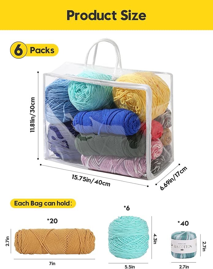 6 Packs Large Yarn Storage Bags, Clear Yarn Storage Organizer with Zippers and Handles, Crochet Bag Knitting Bag for Knitting Needles Crochet Hooks-17.75 * 6.69 * 11.8 inches