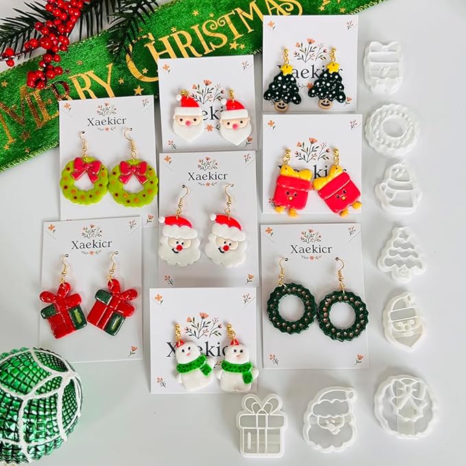 Xaekicr Christmas Polymer Clay Cutters Set – 8 Pcs Holiday Clay Earring Cutters for DIY Jewelry Making, Santa Tree Wreath Gifts – Clay Tools for Polymer Clay Molds Projects