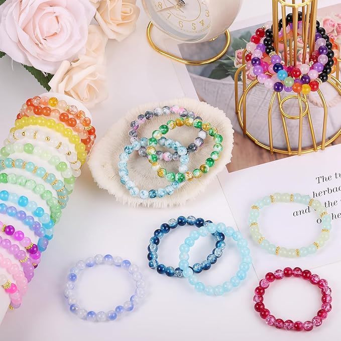 8mm Glass Beads Bracelet Making Kit, 1540pcs 70 Colors Crystal Beads for Jewelry Making, Funtopia Round Glass Beads for Bracelets and DIY Crafts, Solid and Crackle Colors