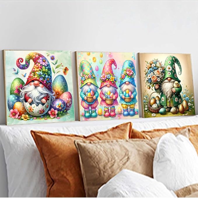 igoodom 3 Pack Easter Diamond Art Kits for Adults, Gnome Diamond Painting Kit, Full Drill Round Diamond Art Kits, DIY Gem Art and Crafts for Home Wall Decor Gift 14x14inch