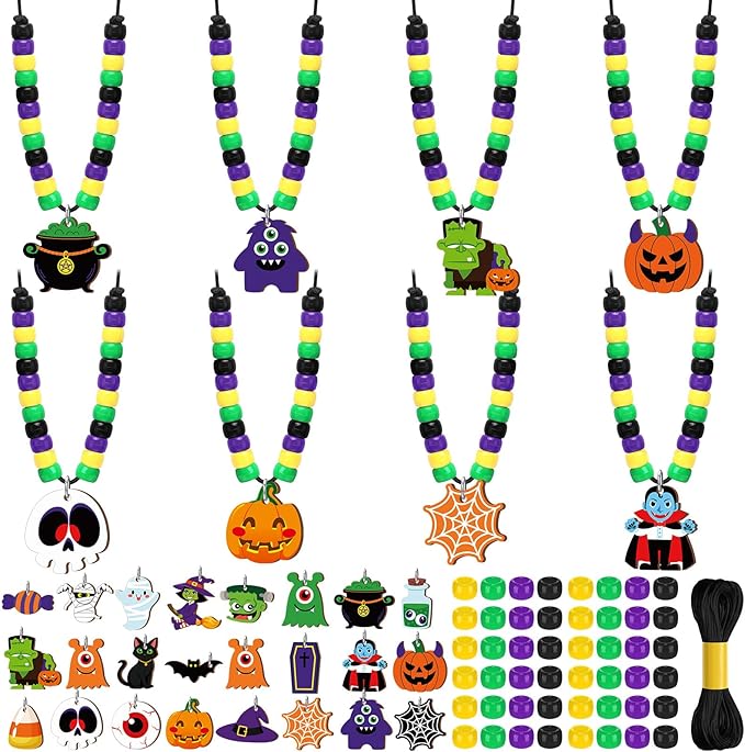 Ferreve 48 Sets Halloween Beads Necklace Crafts Kit Halloween Bracelet Making Kit Ghost Witches Pumpkins Tombstones Pots Black Cats Bats Monsters Beads Craft Gifts for Party Favor