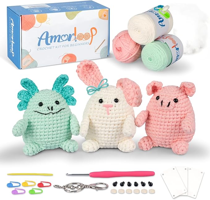 Beginner Crochet Kit for Adults Kids – 3 Packs Crochet Kit with Easy-to-See Stitches Yarn and Video Tutorials, Cute Animal Designs, DIY Crochet Set for First-Time Learners - Bunny, Piggy and Axolotl