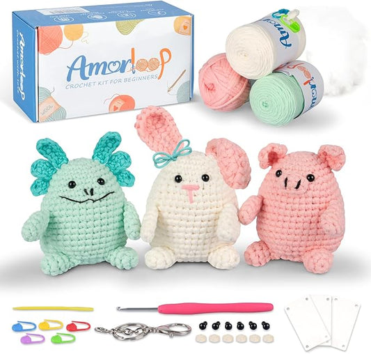 Beginner Crochet Kit for Adults Kids – 3 Packs Crochet Kit with Easy-to-See Stitches Yarn and Video Tutorials, Cute Animal Designs, DIY Crochet Set for First-Time Learners - Bunny, Piggy and Axolotl