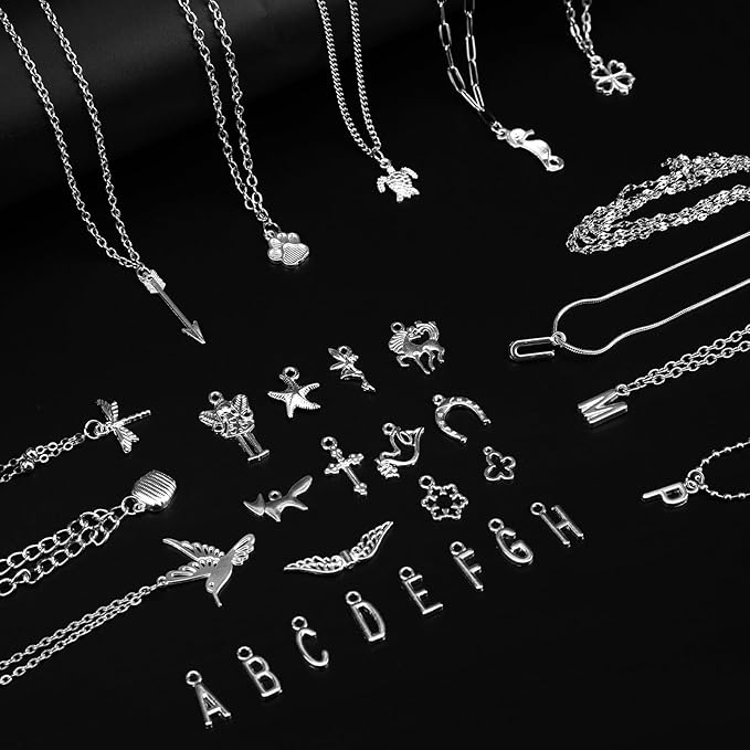 AQNJC Silver Chain for Jewelry Making, 98 Feet 12 Rolls Jewelry Chains with Silver Letter Charms for Women DIY Necklace Bracelet Making Supplies with Jump Rings, Lobster Clasps, Connectors