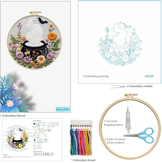 Zhenqing Halloween Magic Cauldron Embroidery Kit for Beginners - Complete Set with Pre-Printed 29x29cm Cotton Fabric, Hoop, Threads & Tools (C0120)